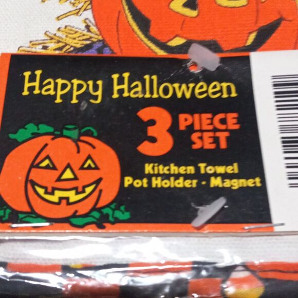 Vtg Cecil Saydah Halloween 3 Pc Kitchen Towel Set-Jack O Lantern-Pot Holder-NEW - Picture 5 of 8